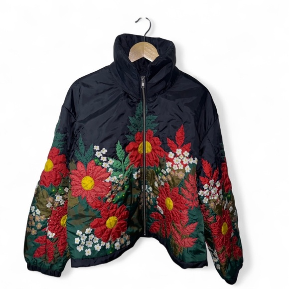 Anthropologie XL Floral Embroidered Bomber Jacket | Quilted Puffer Coat - Picture 5 of 9